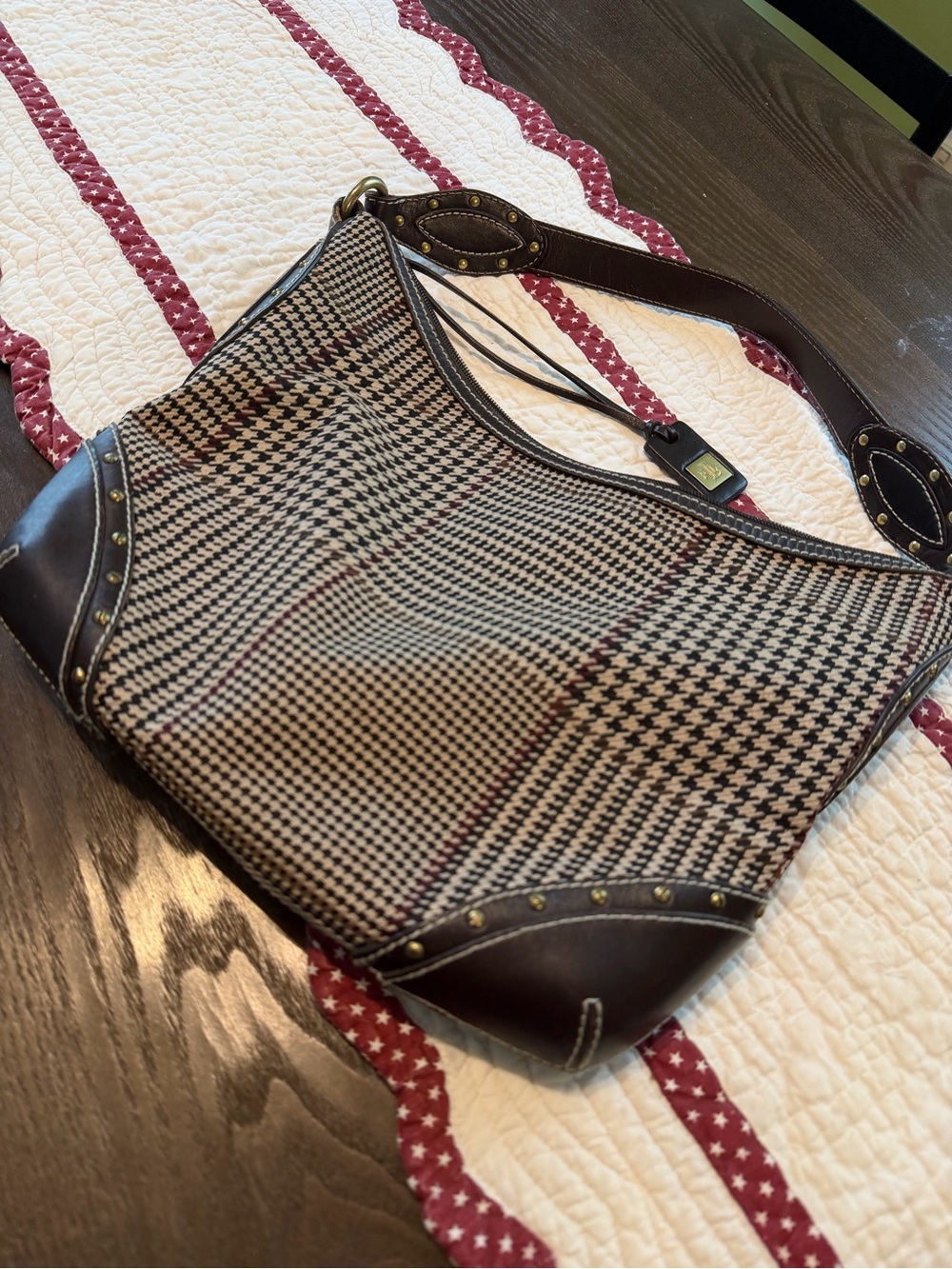 Ralph Lauren Brown Plaid Houndstooth Shoulder Bag with Dark Leather Trim